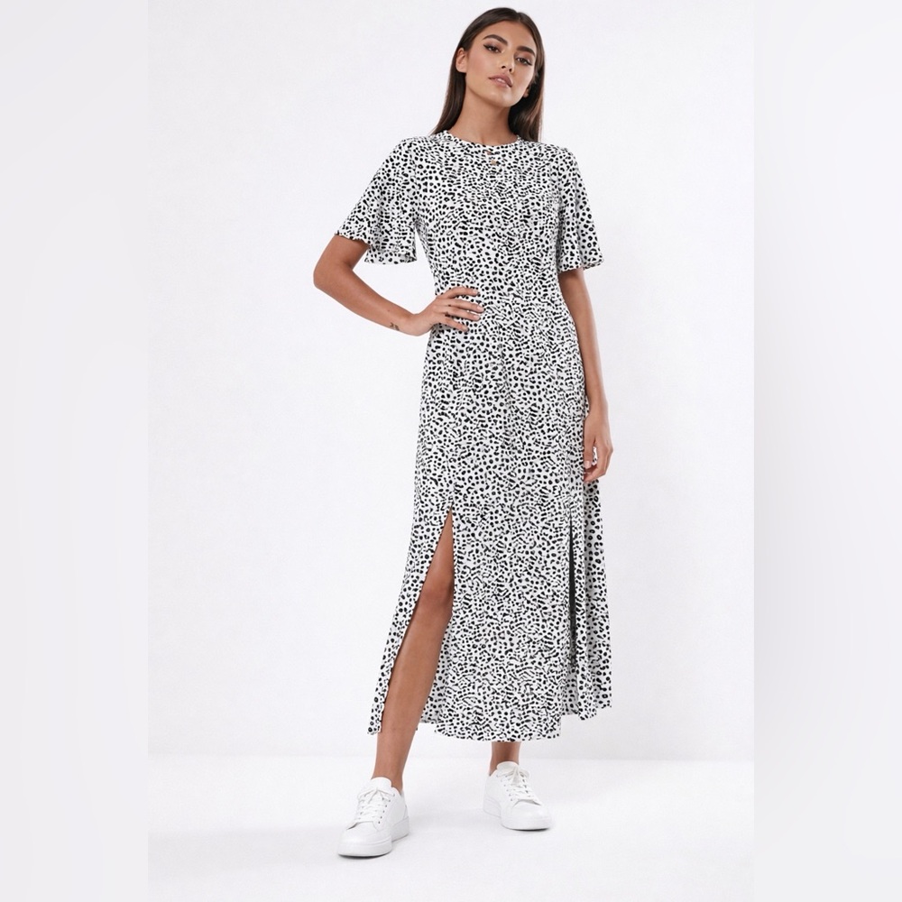 MISSGUIDED Flutter Sleeve Midi Dress in Dalmation Print Double Slits ~ 14 ~ NWT